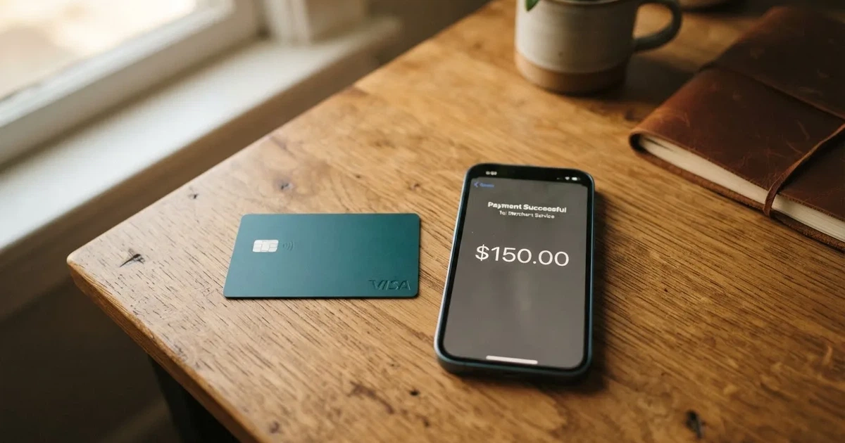 Платёжная карта рядом с телефоном, на экране криптокошелёк